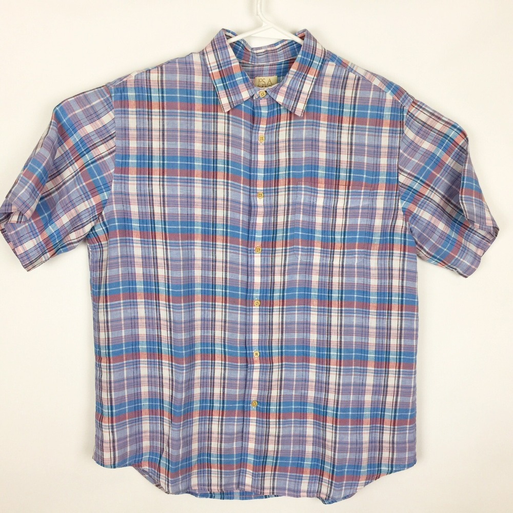 Jos A Bank Mens Linen Plaid Short Sleeve Button Down Shirt Size L